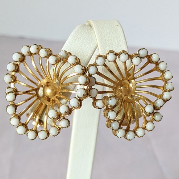 Vintage Jewelry - Unique Vintage Gold & Milk Stone Clip Earrings